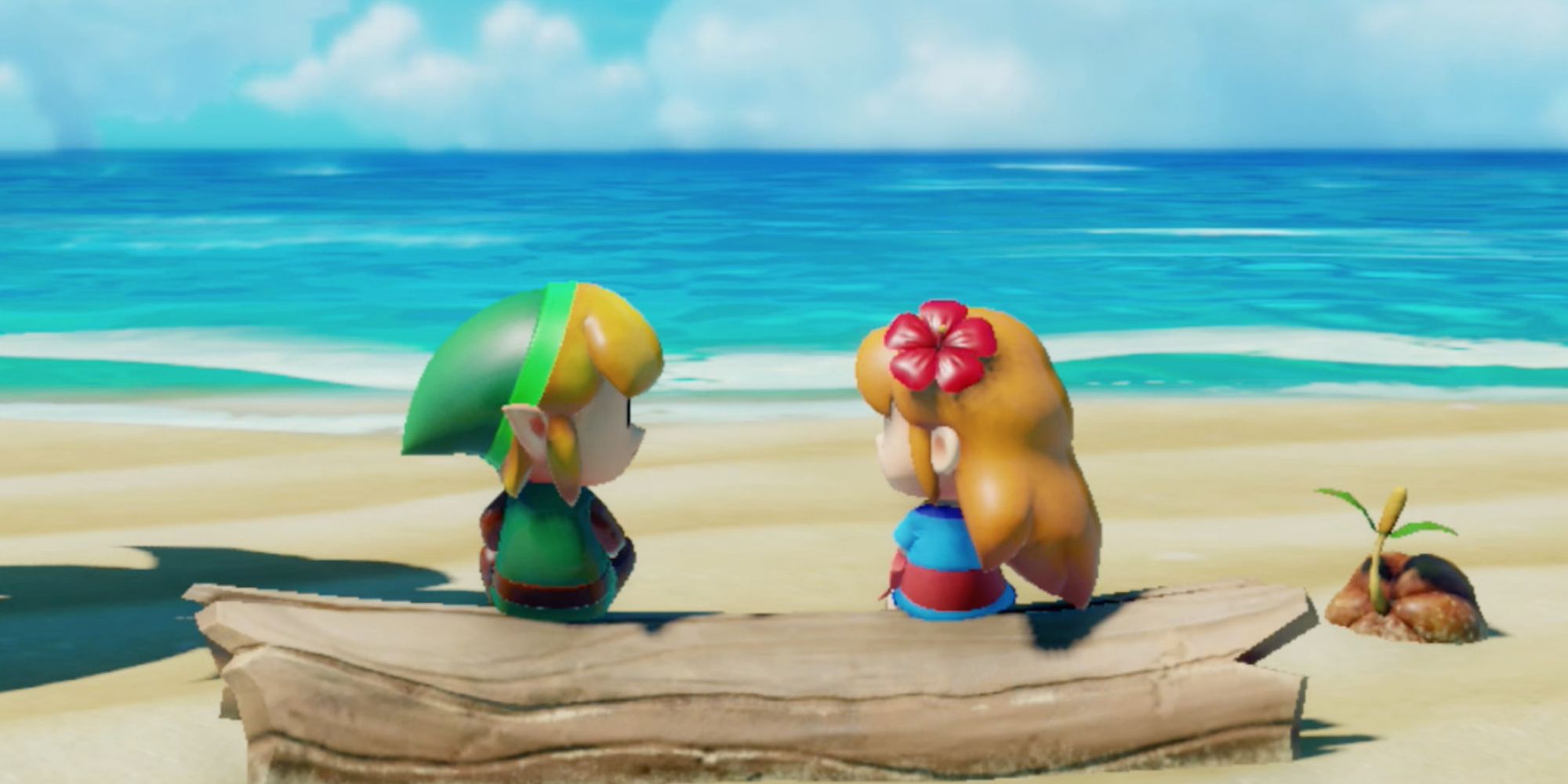 Link and Marin sit on a long at the beach looking at each other in Link's Awakening.