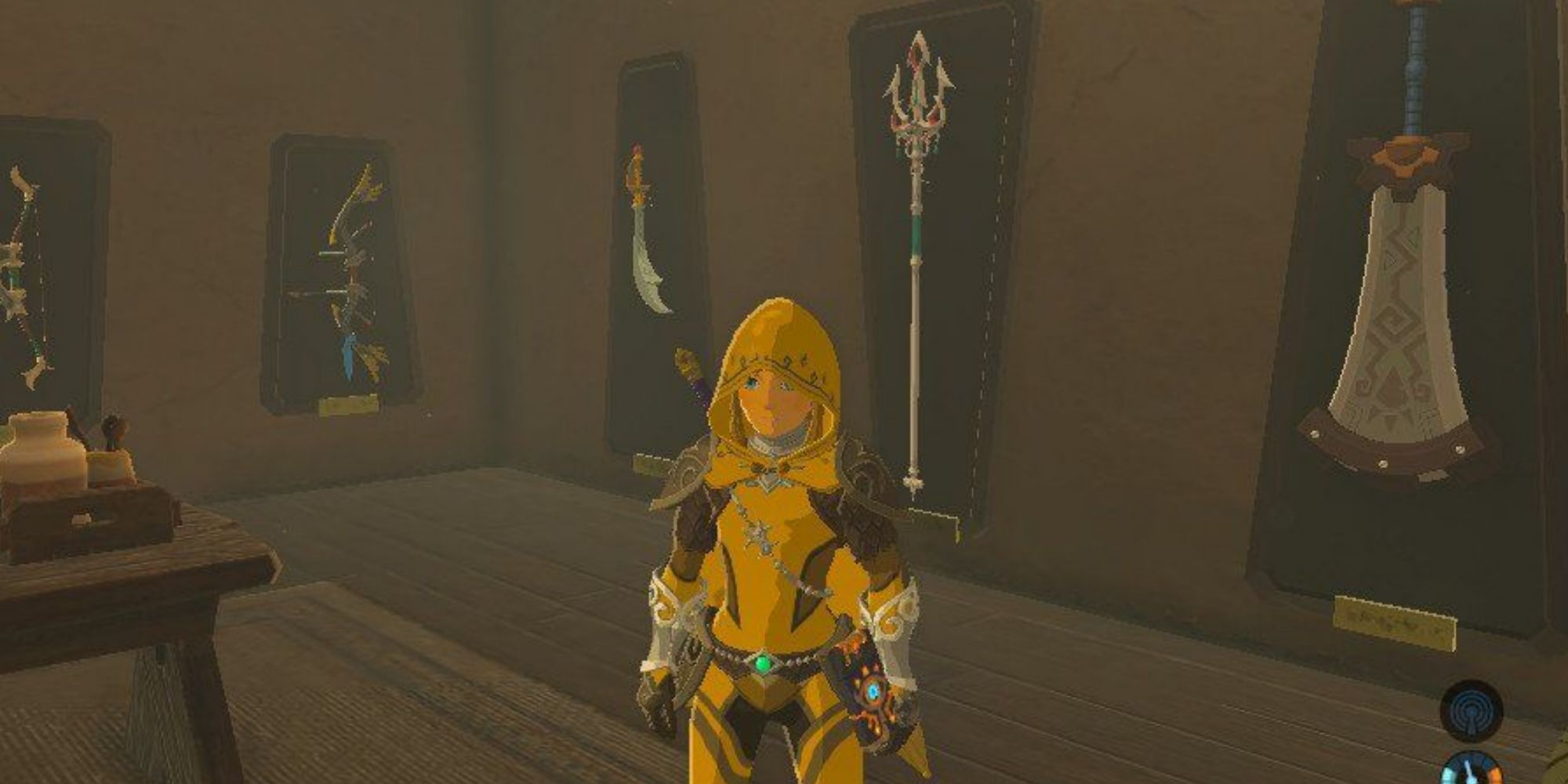 Link's in his house surrounded by displayed weapons.