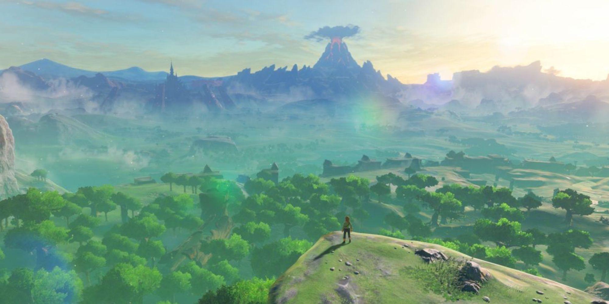 Link starring out at Hyrule from the edge of the Great Plateau in The Legend of Zelda: Breath of the Wild