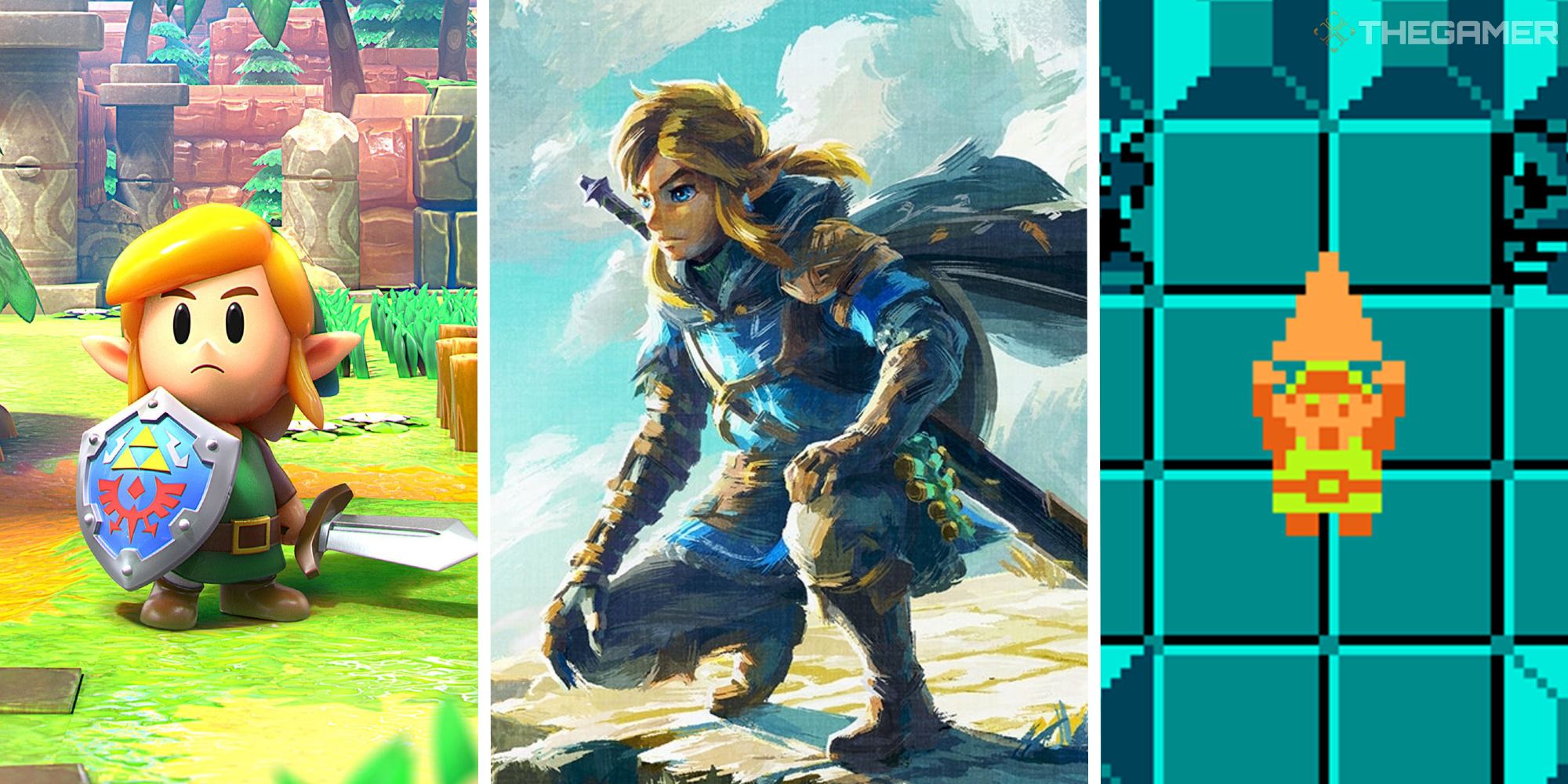 split image showing link from links awakening, tears of the kingdom, and the first zelda game