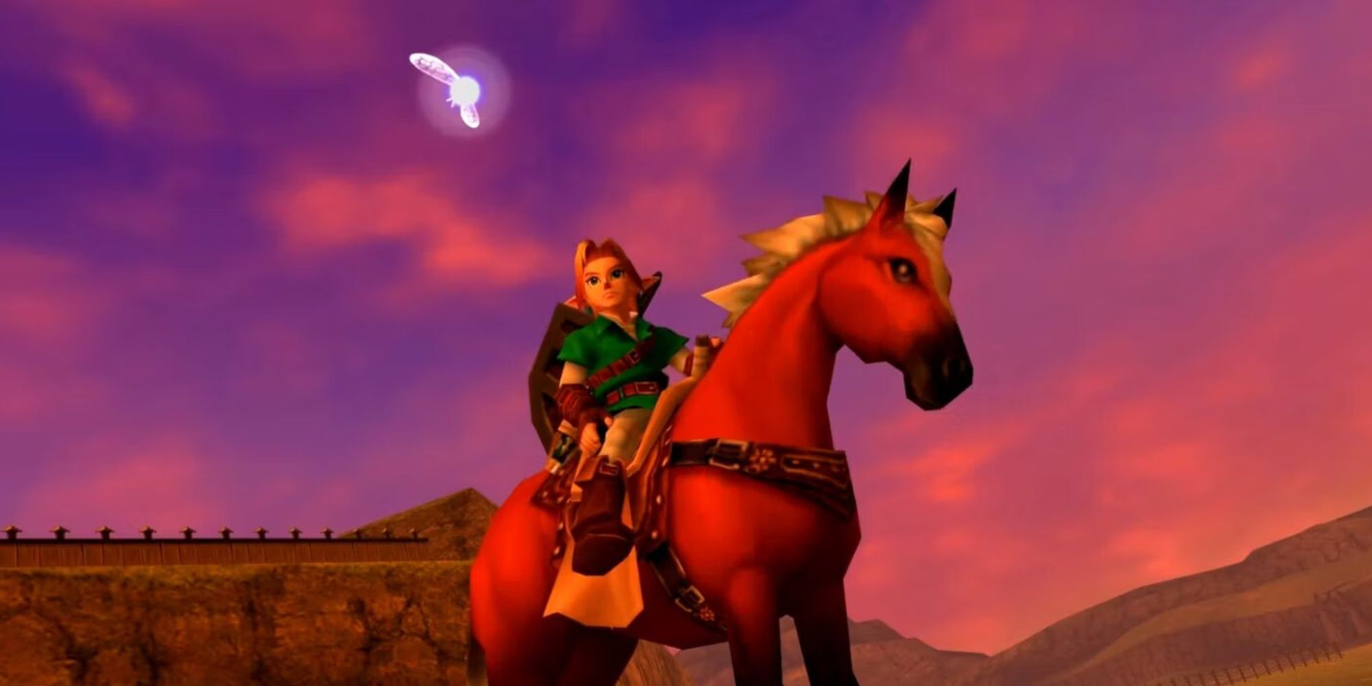 Link with Navi on the back of Epona in The Legend of Zelda Ocarina of Time