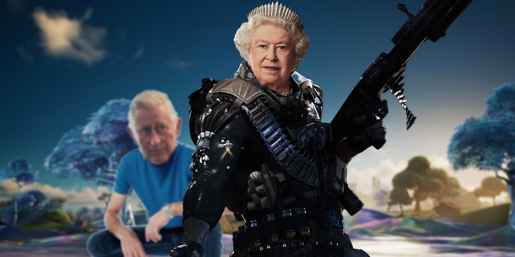 live-service games fortnite and crossfirex with queen elizabeth and king charles