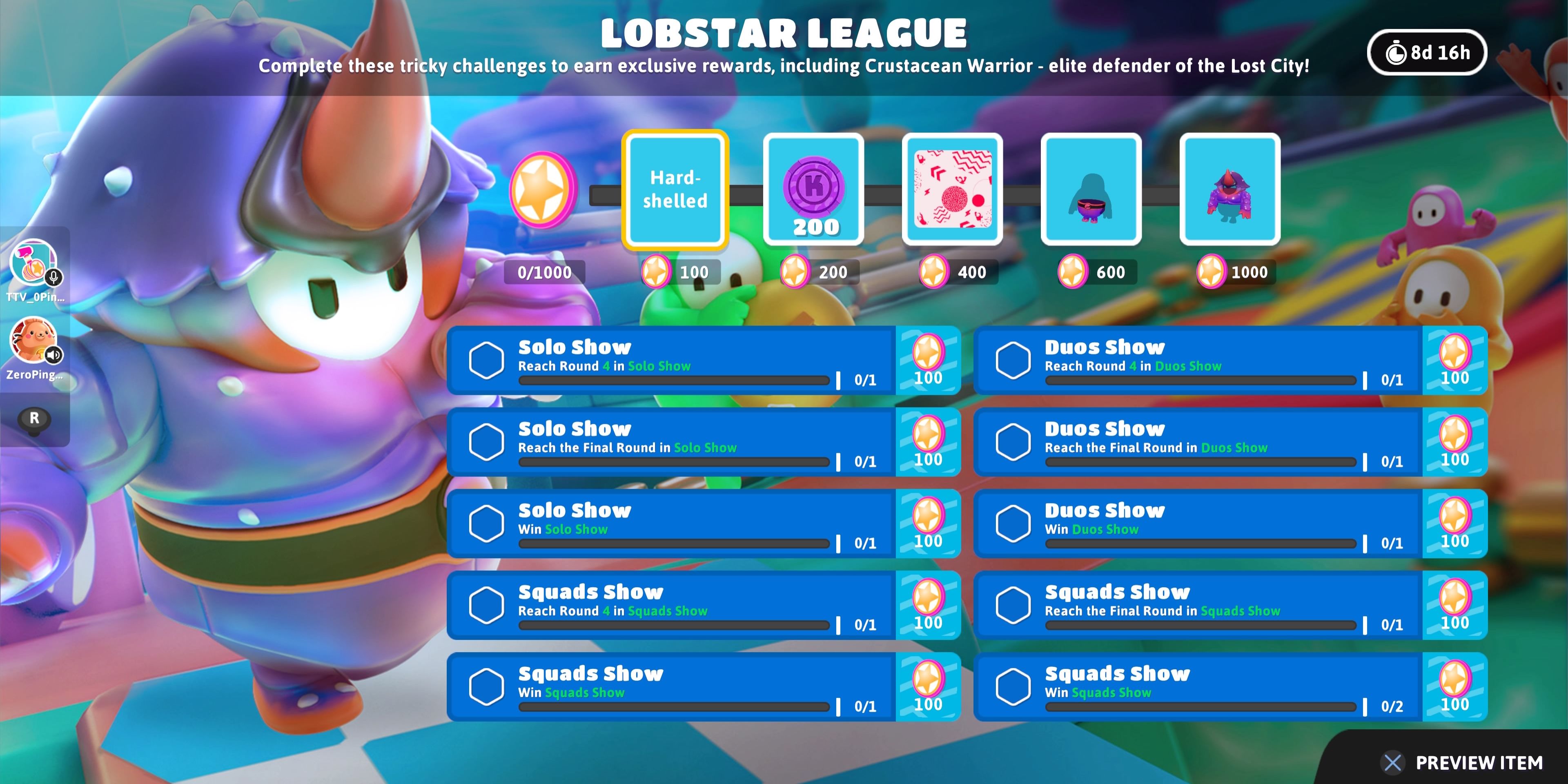 Fall Guys Lobstar League Event page, showing all challenges and rewards