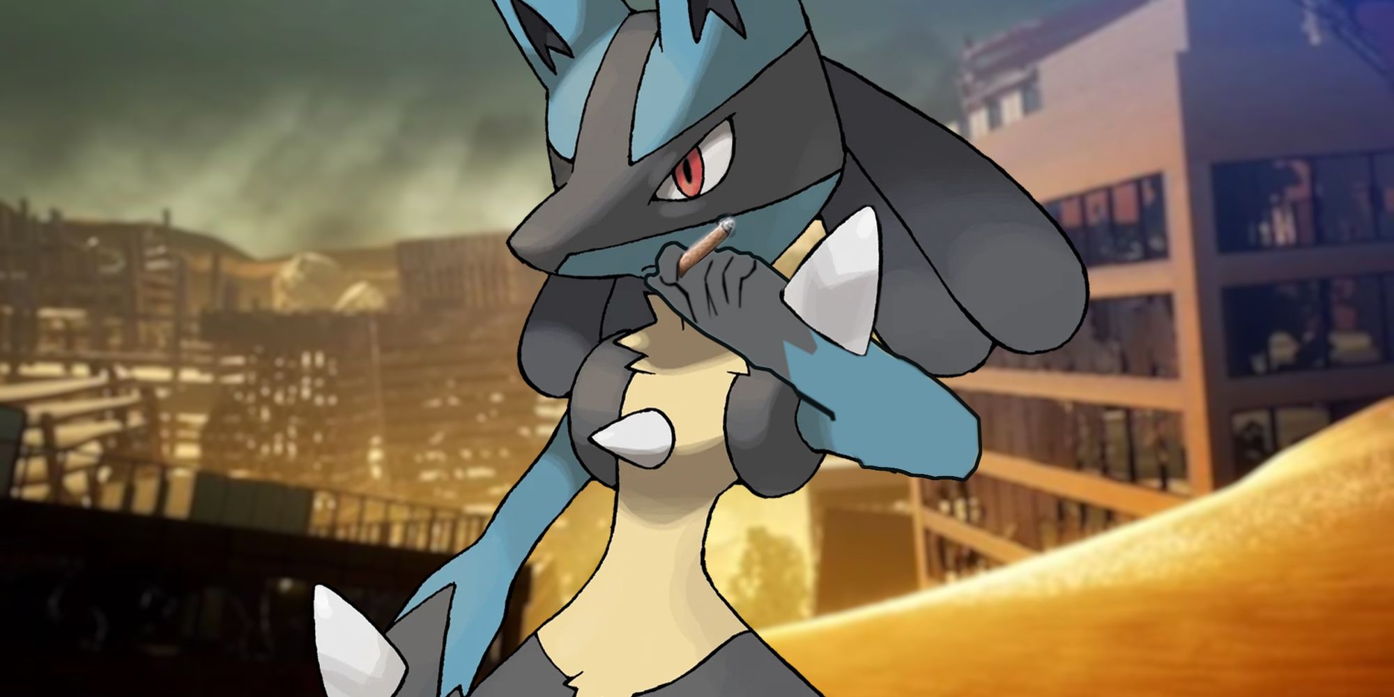Lucario smoking in front of a SMT 5 building