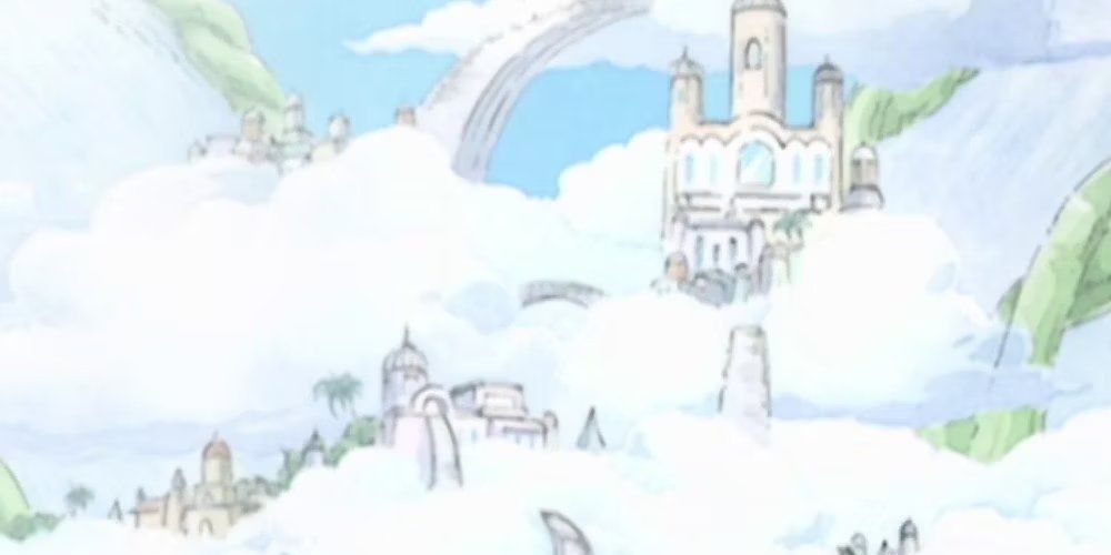 A white city amongst the clouds in the One Piece anime