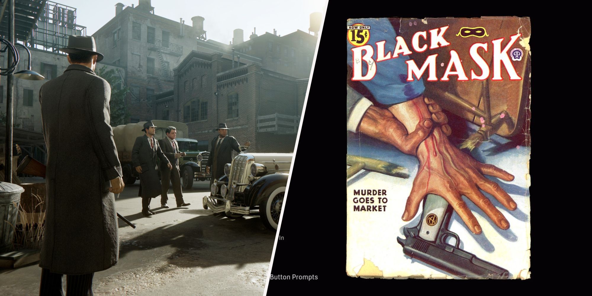 Mafia Definitive Edition Tommy and the crew on the left and Black Mask Magazine on the right