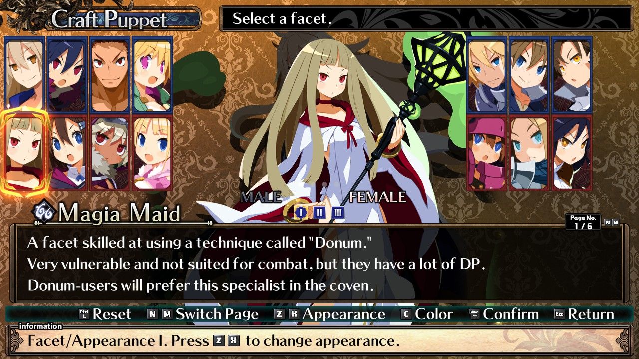 Labyrinth Of Galleria: The Moon Society Magia Maid character creation screen showing the female character and class description.