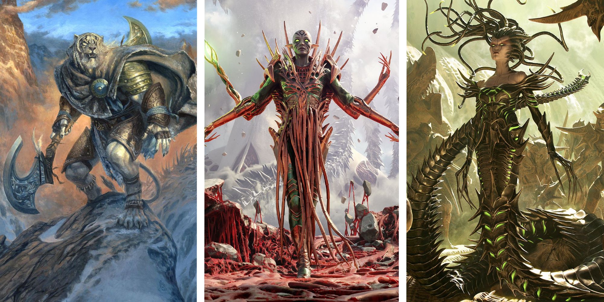 Magic The Gathering Compleated Planeswalkers Ajani, Nissa, and Vraska artwork