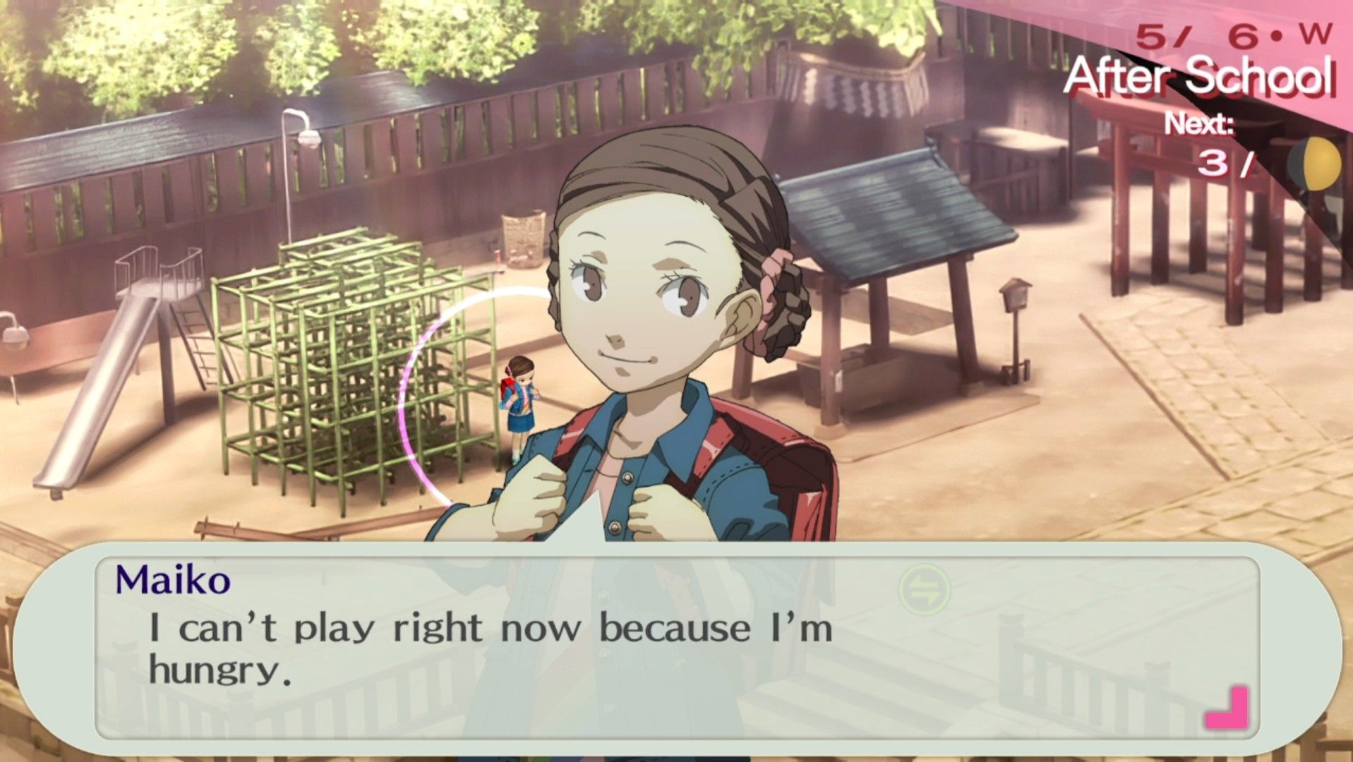 maiko at naganaki shrine saying she can't play because she's hungry in persona 3 portable