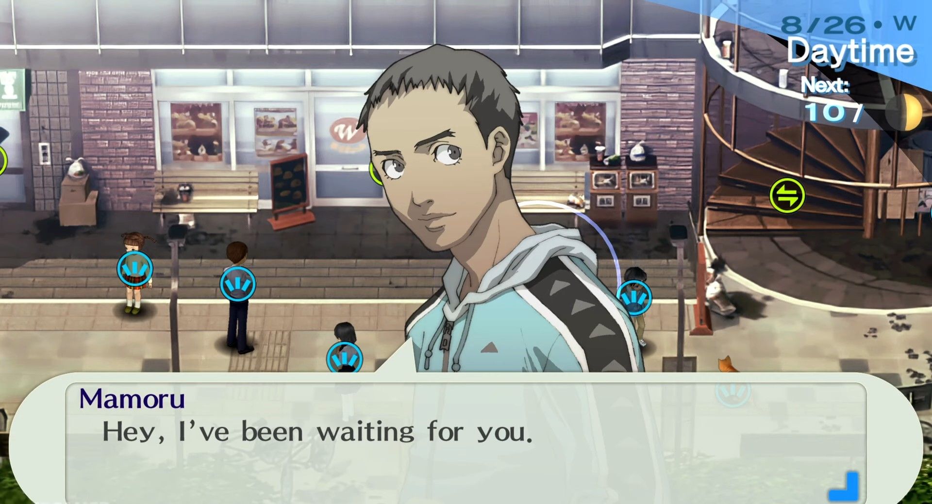 mamoru waiting for the male protagonist at iwatodai strip mall in persona 3 portable