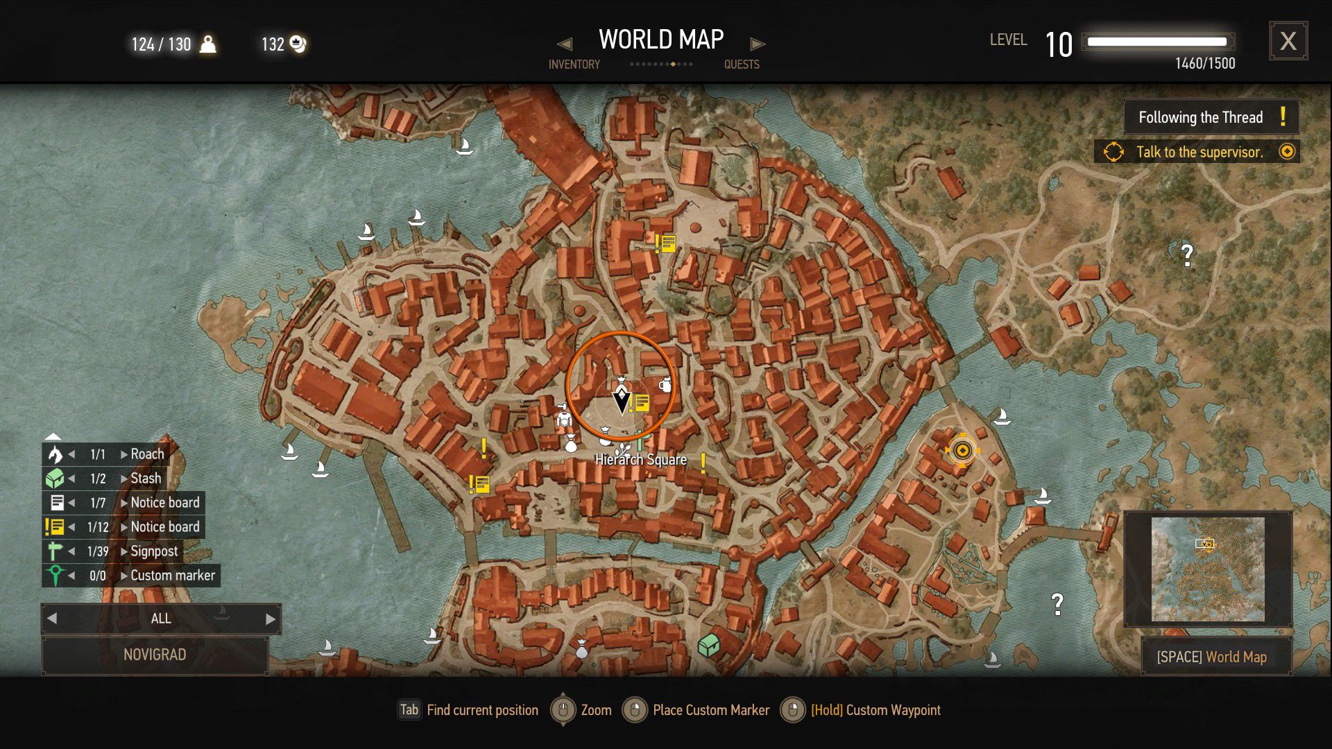 The map of Novigrad with an orange circle indicating where the quest can begin.