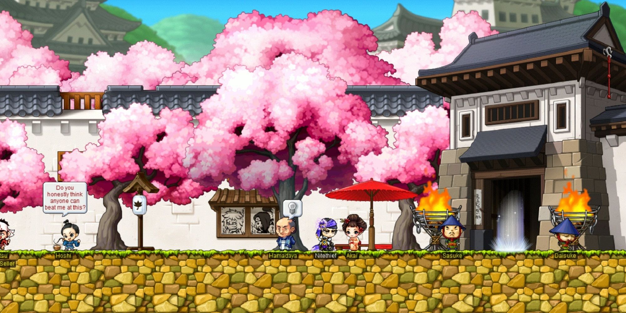 maplestory characters in front of pink cherry blossom trees