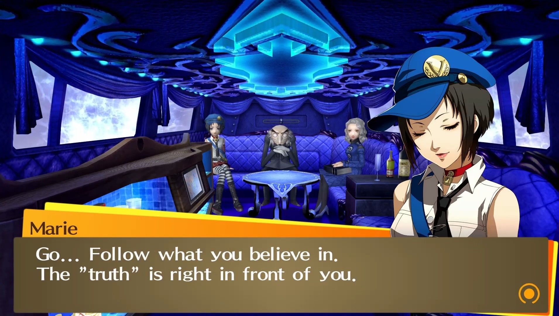 marie telling you to follow what you believe in in the velvet room with igor and magaret in persona 4 golden
