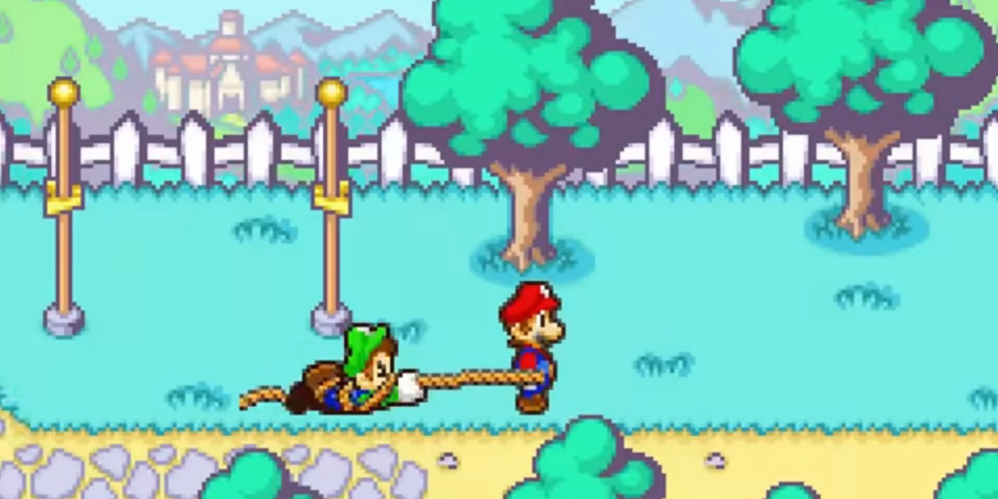 Mario drags Luigi across their yard in Mario and Luigi Superstar Saga