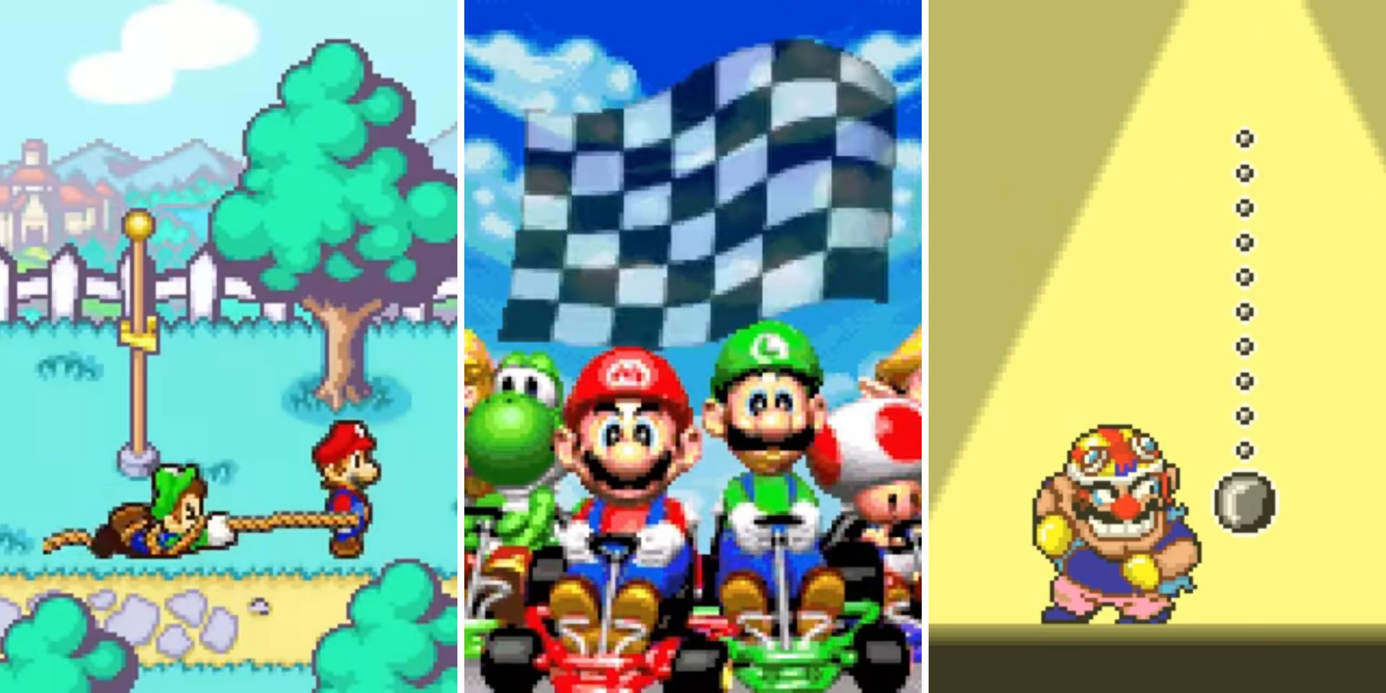 Mario drags Luigi across the ground with rope, Mario and Luigi sit in karts, Wario prepares to hit a punching bag