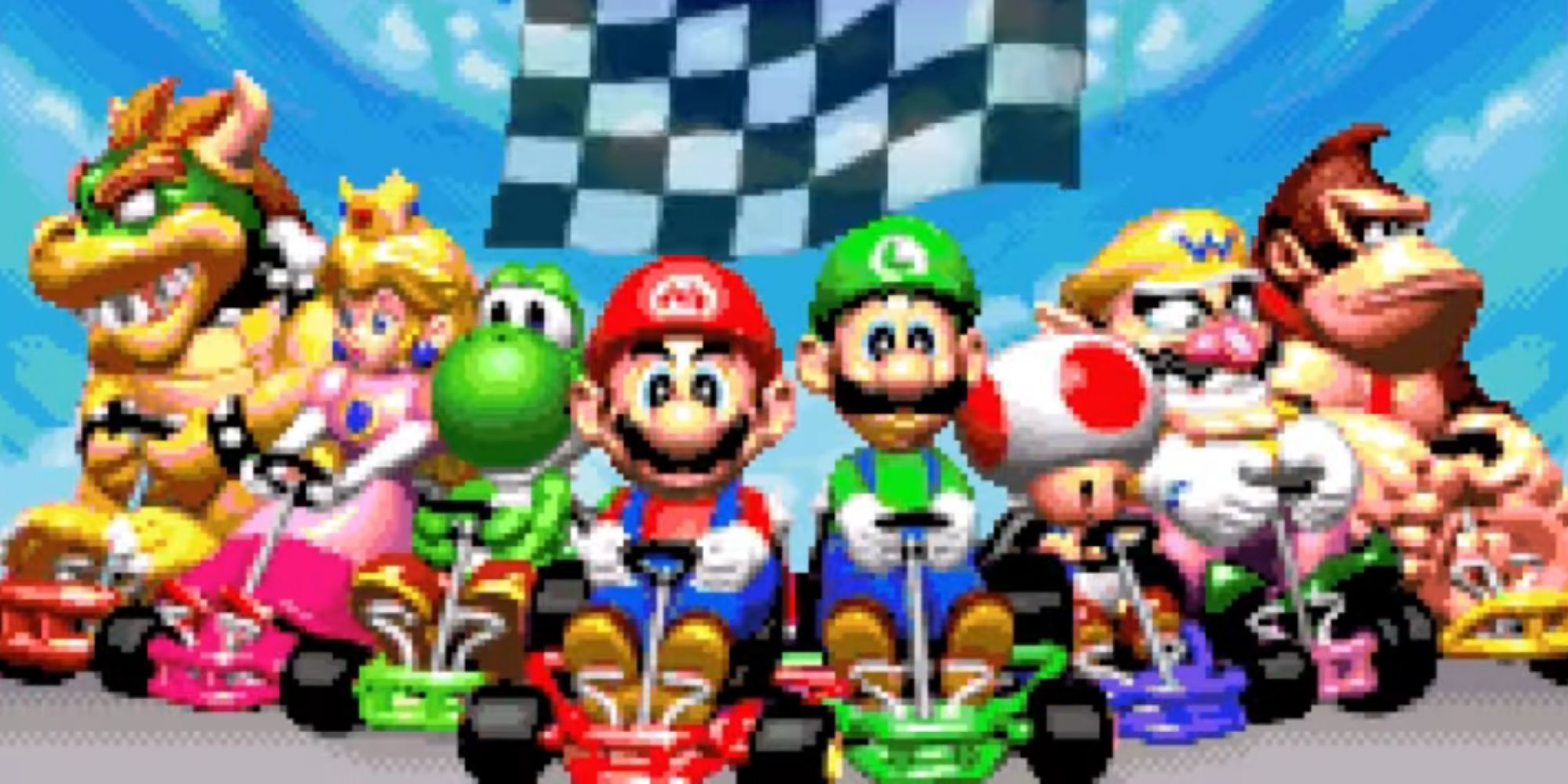 Bowser, Peach, Yoshi, Mario, Luigi, Toad, Wario, and Donkey Kong sit on karts under a checkered flag in Mario Kart Super Circuit
