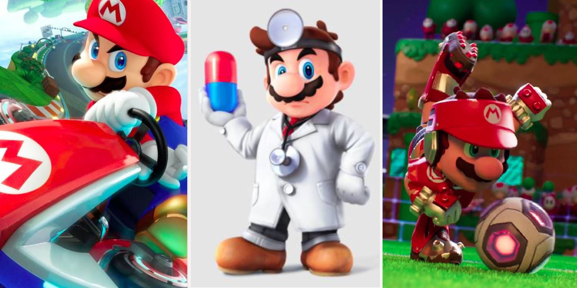 Mario's Jobs ranked by how unqualified he is feature image - Mario Karting, Mario being a doctor and Mario kicking a football