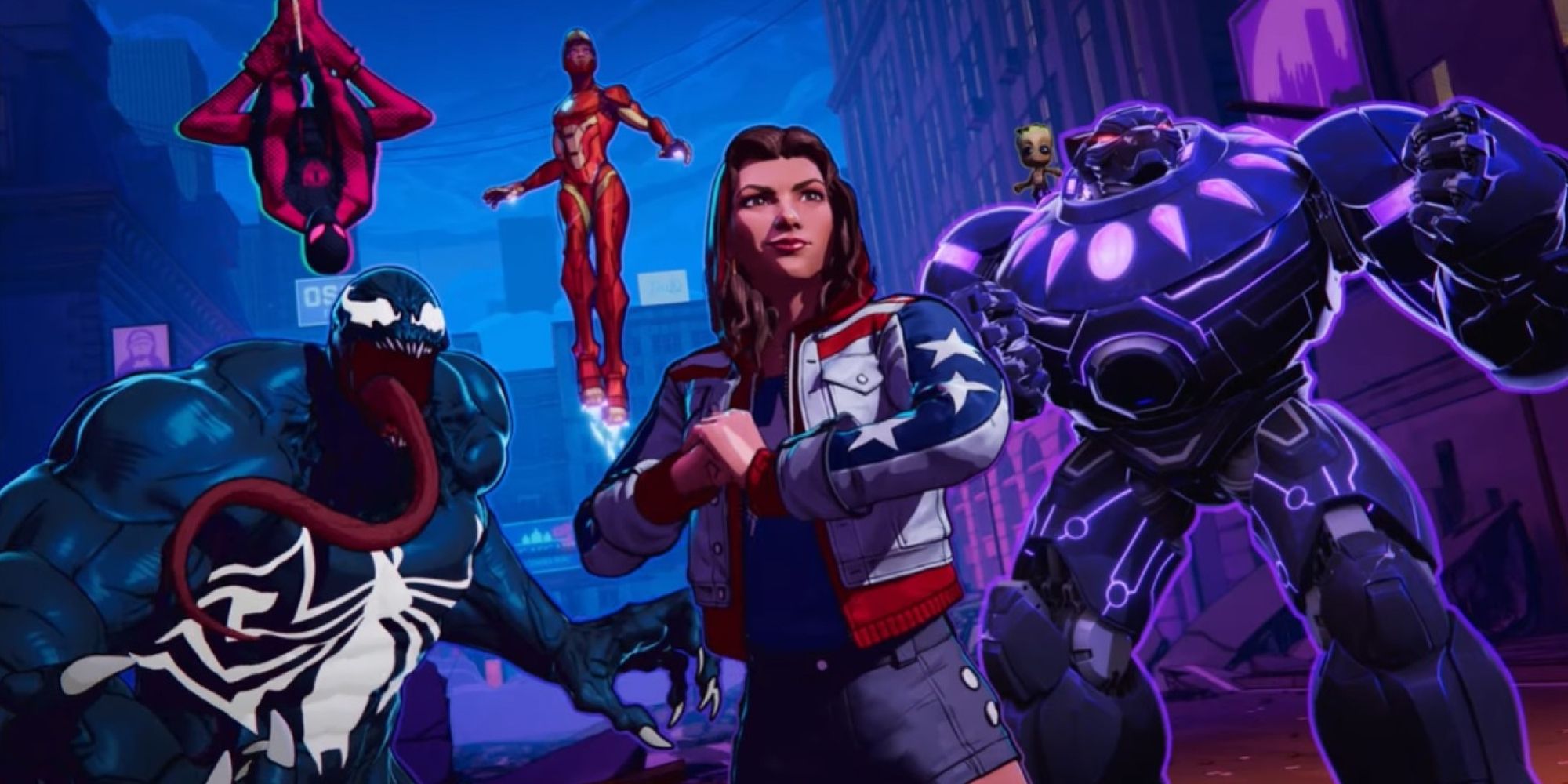 cinematic art from marvel snap showing venom, spiderman, america chavez, mech black pather, and iron heart