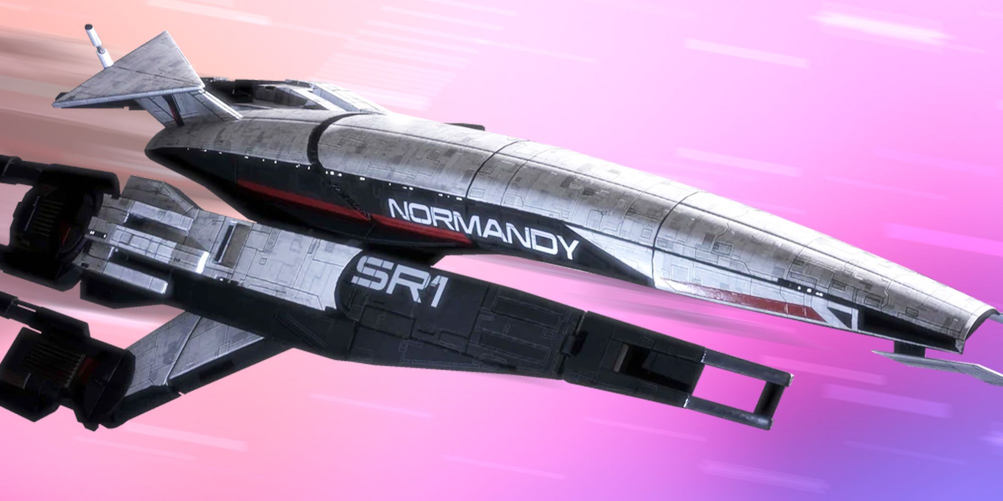 The Normandy from Mass Effect flying with a purple and pink background.