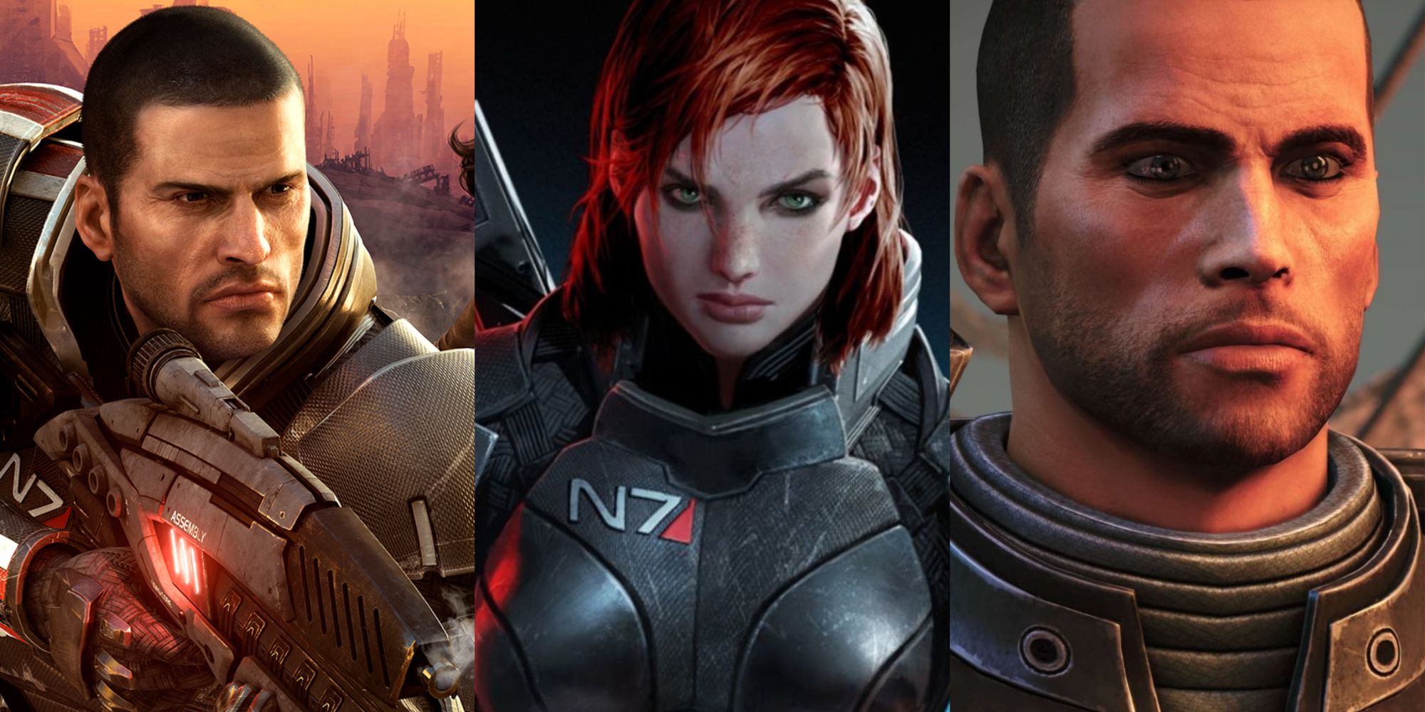 Split image screenshots showing the male and female versions of Commander Shepard.