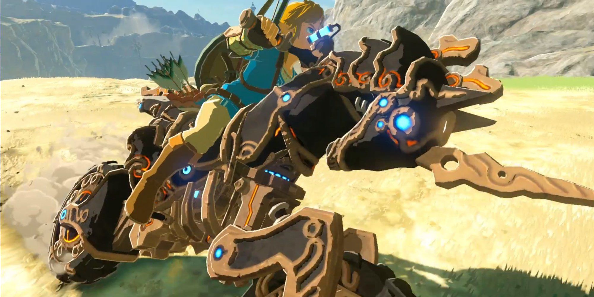 Link drifting around a field with his Master Cycle Zero motorbike 