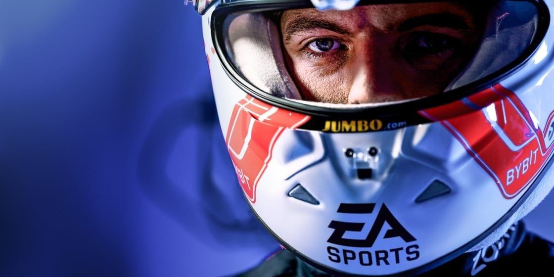 Max Verstappen in an EA Sports helmet