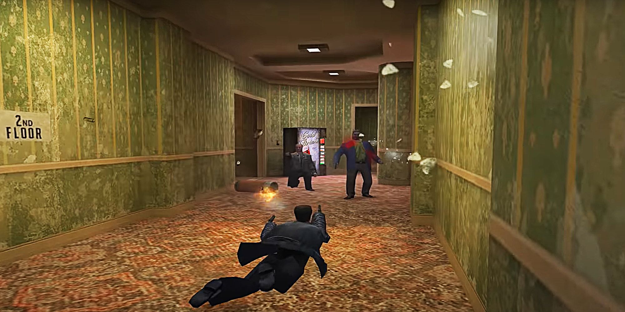 Max Payne Leaping Down Hallway Gun Battle