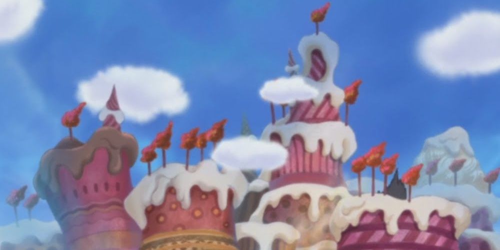 A island made of cake and frosting in the One Piece anime