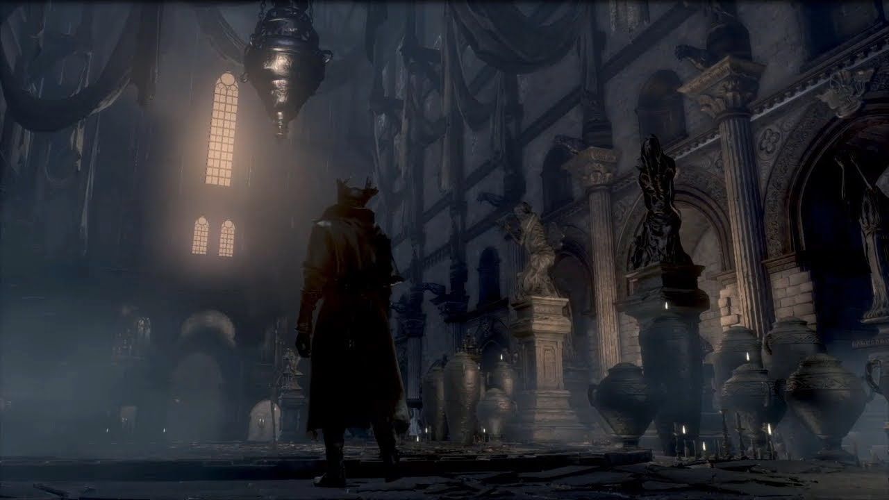 A Hunter enters the empty Oedon Chaple in Bloodborne the video game