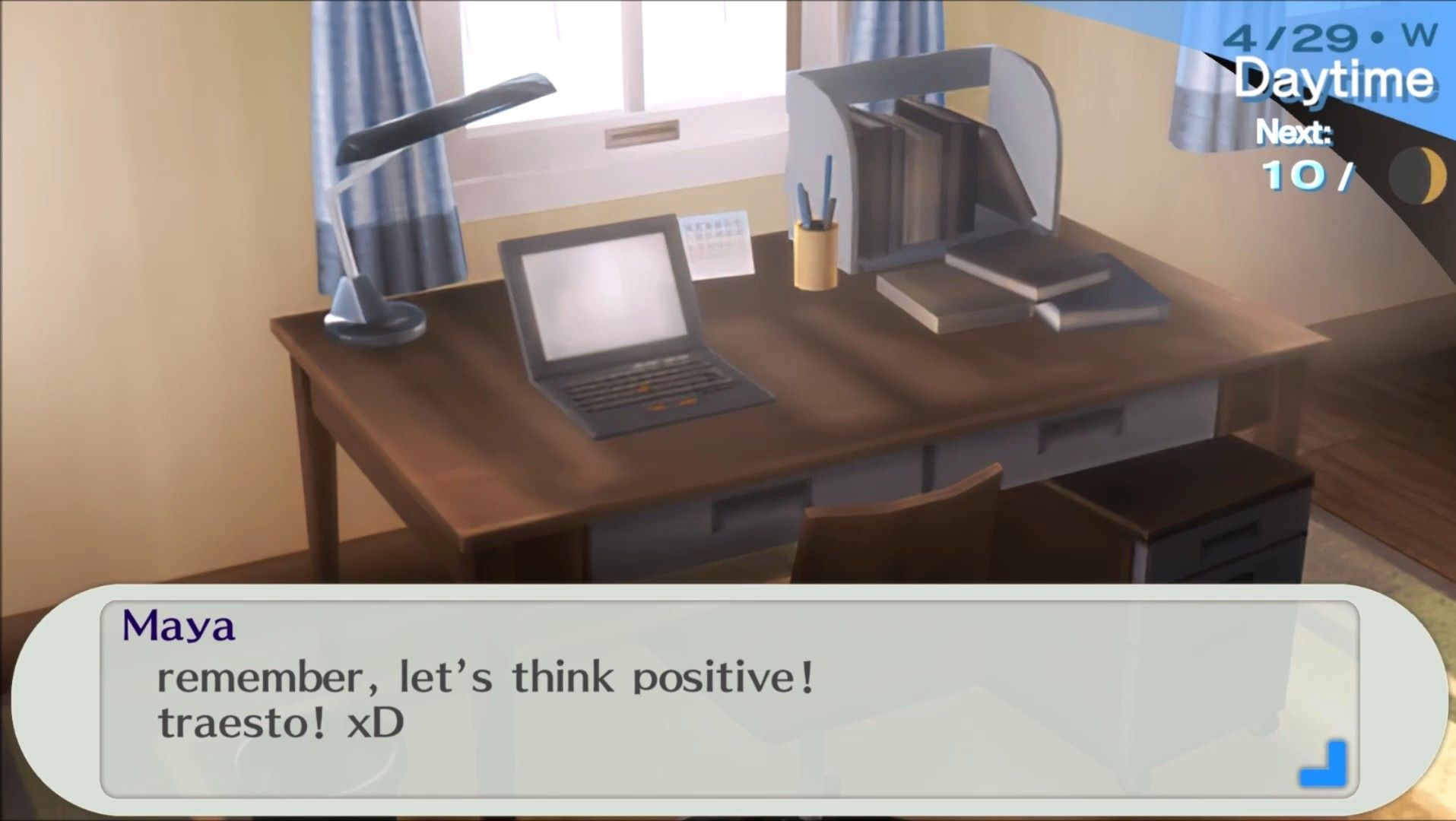 maya encouraging the male protagonist to think positively in persona 3 portable