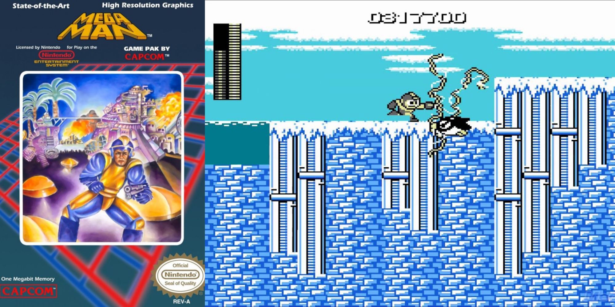 Mega Man cover art and a screenshot of the game.