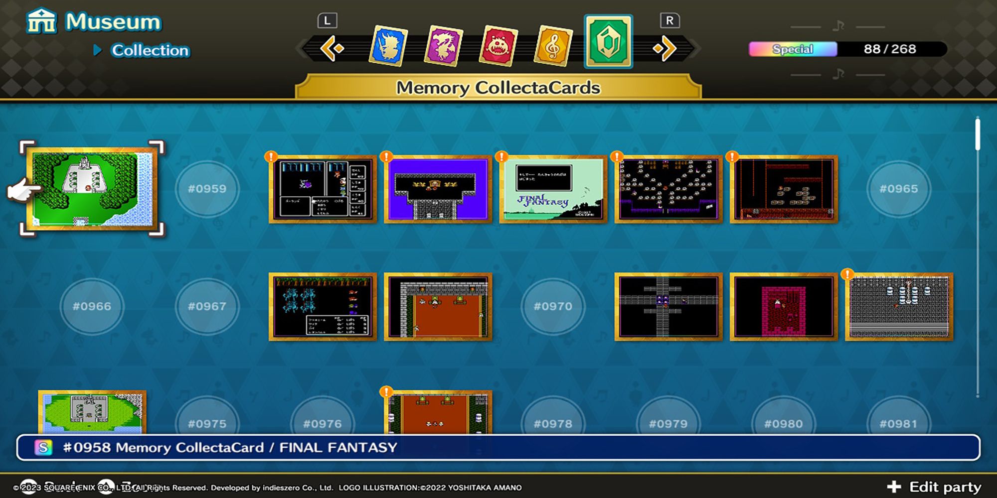 An assortment of Final Fantasy screenshots fill the Memory CollectaCard collection in Theatrhythm: Final Bar Line.
