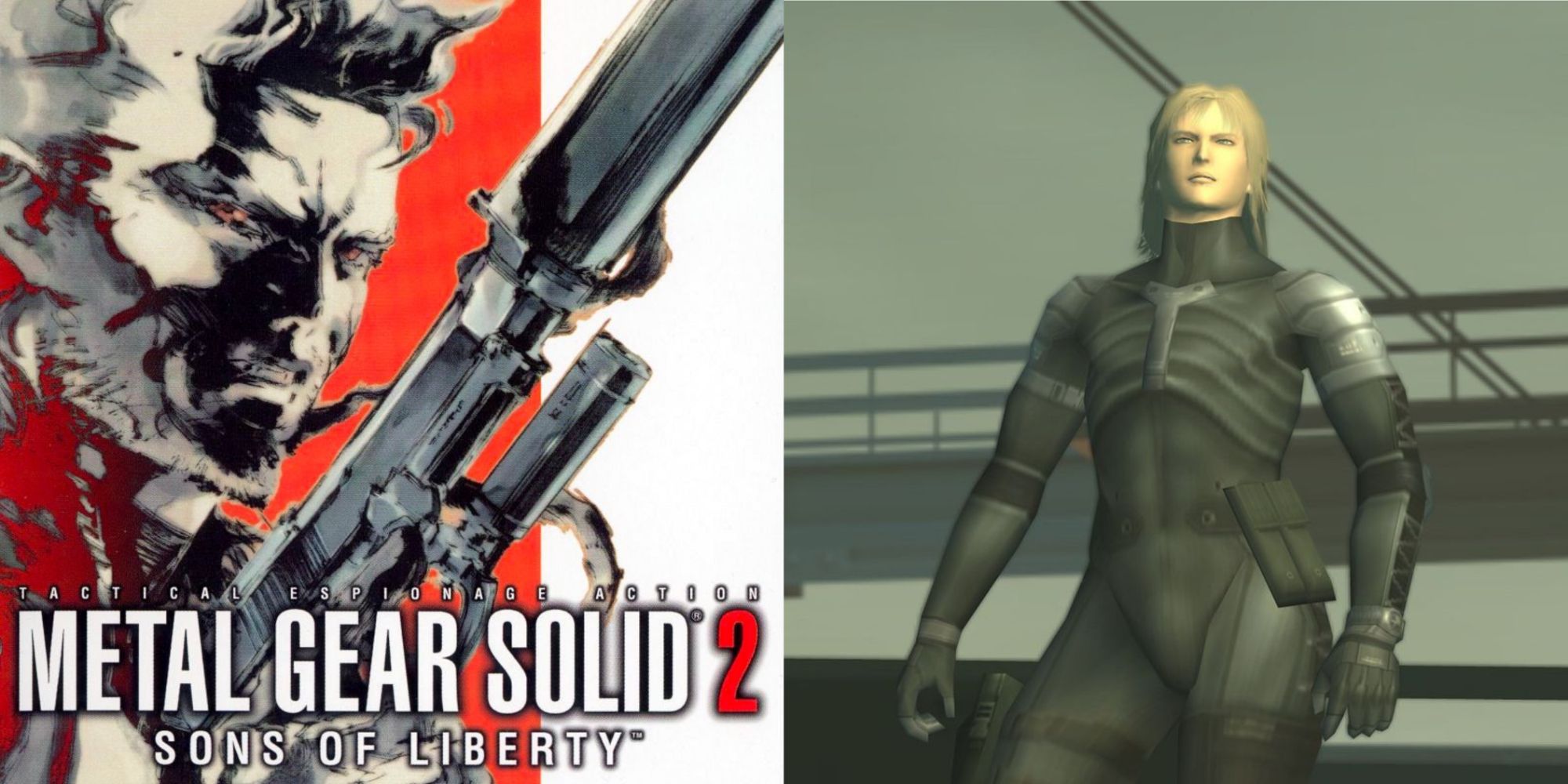 Metal Gear Solid 2 Cover Art and a screenshot of Raiden in the game.
