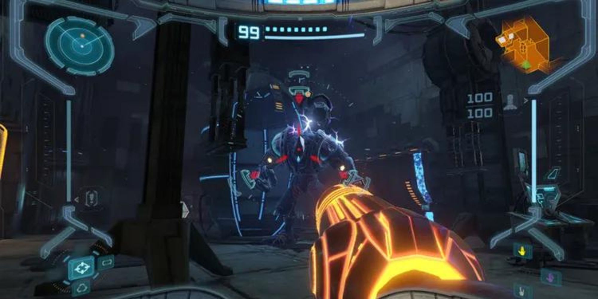 Metroid Prime Remastered Samus Pointing Weapon At Enemy