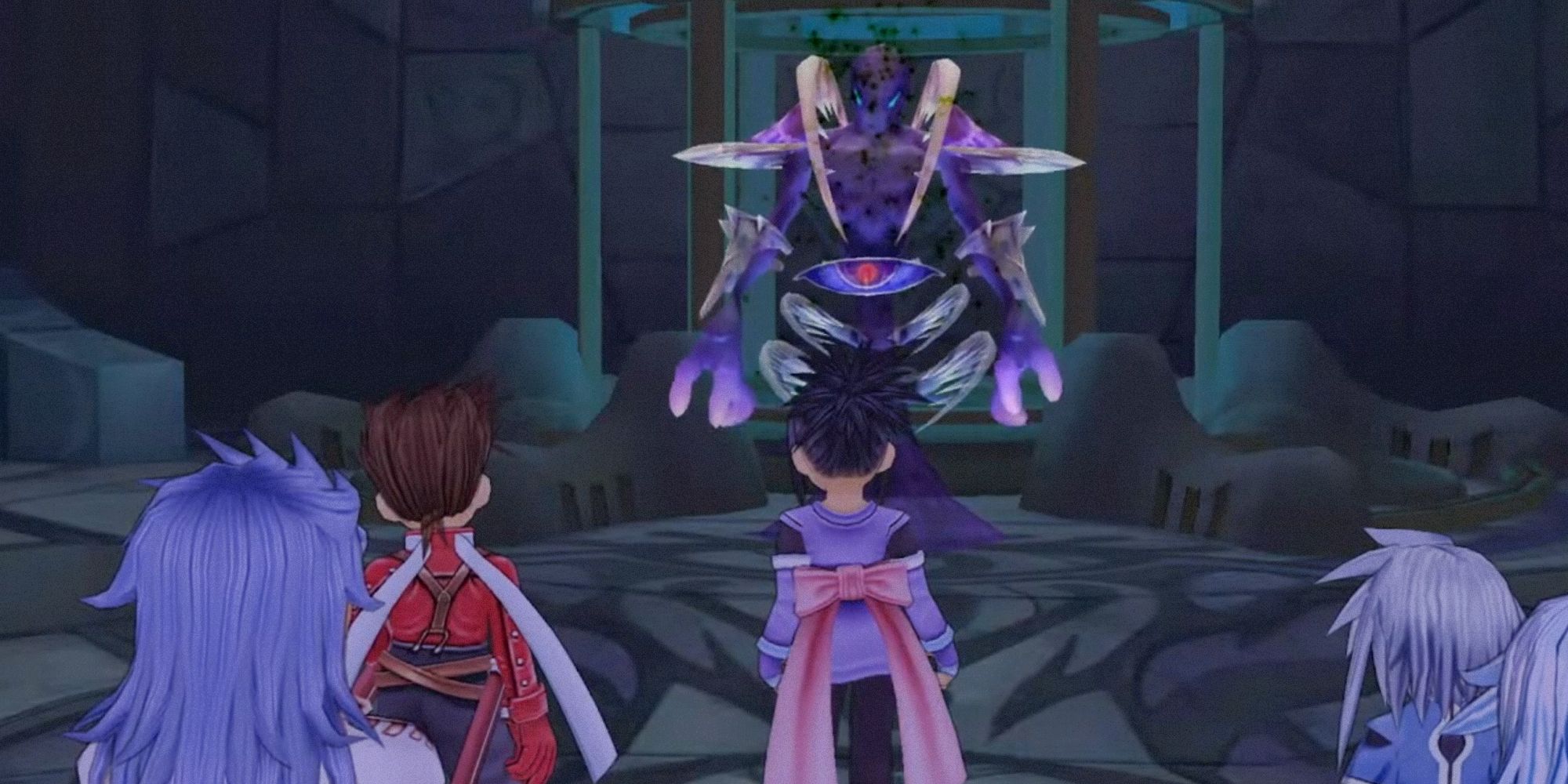 Tales of Symphonia Lloyd and the team staring down a purple being.