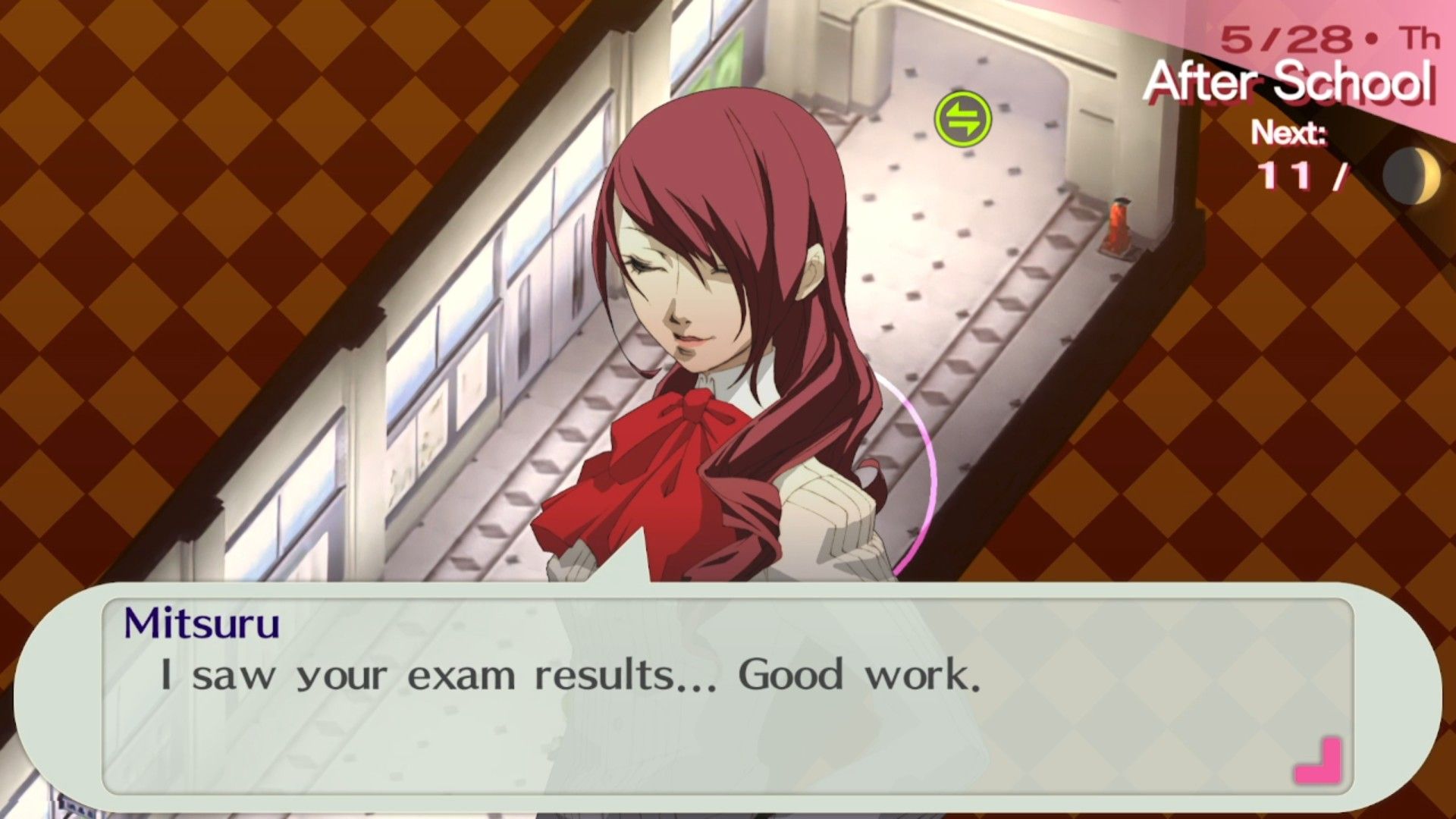 mitsuru congratulating the protagonist for a high exam score in persona 3 portable