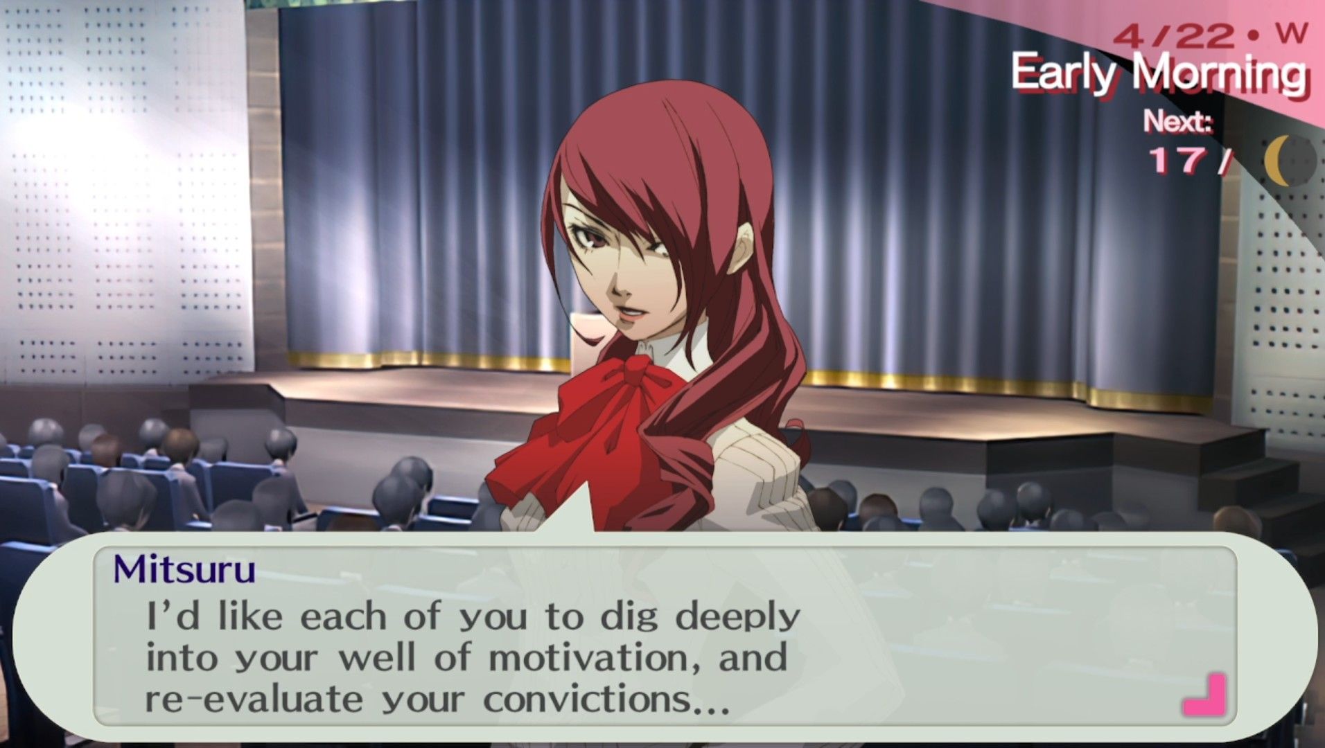 mitsuru giving a motivating speech as student council president in persona 3 portable