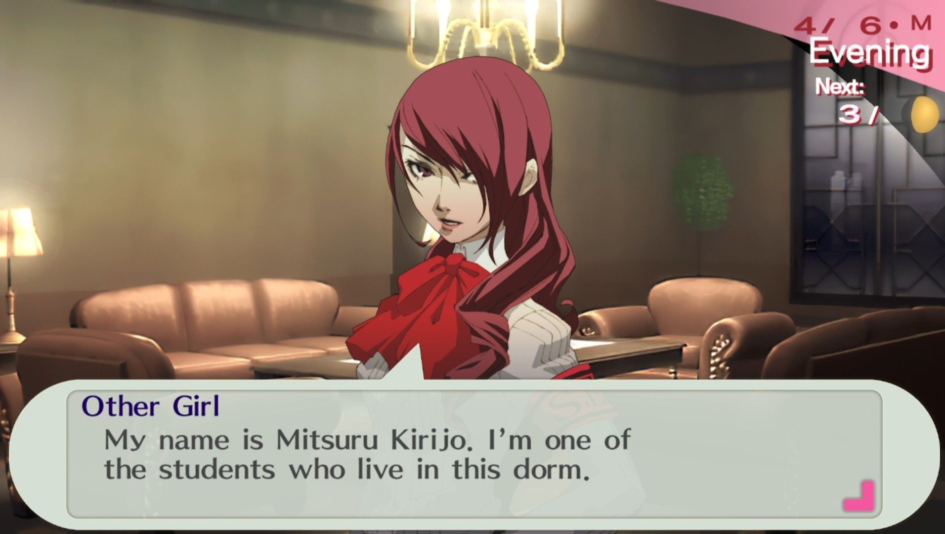 mitsuru introducing herself in persona 3 portable at iwatodai dormitory's lounge