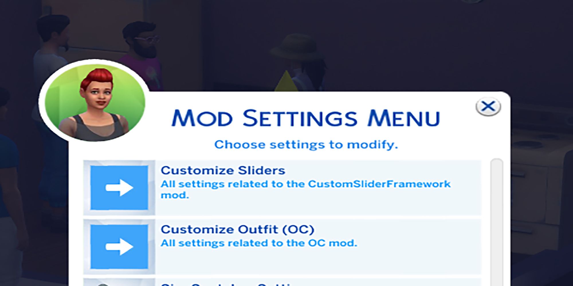 The Mod Settings Menu UI from The Sims 4.