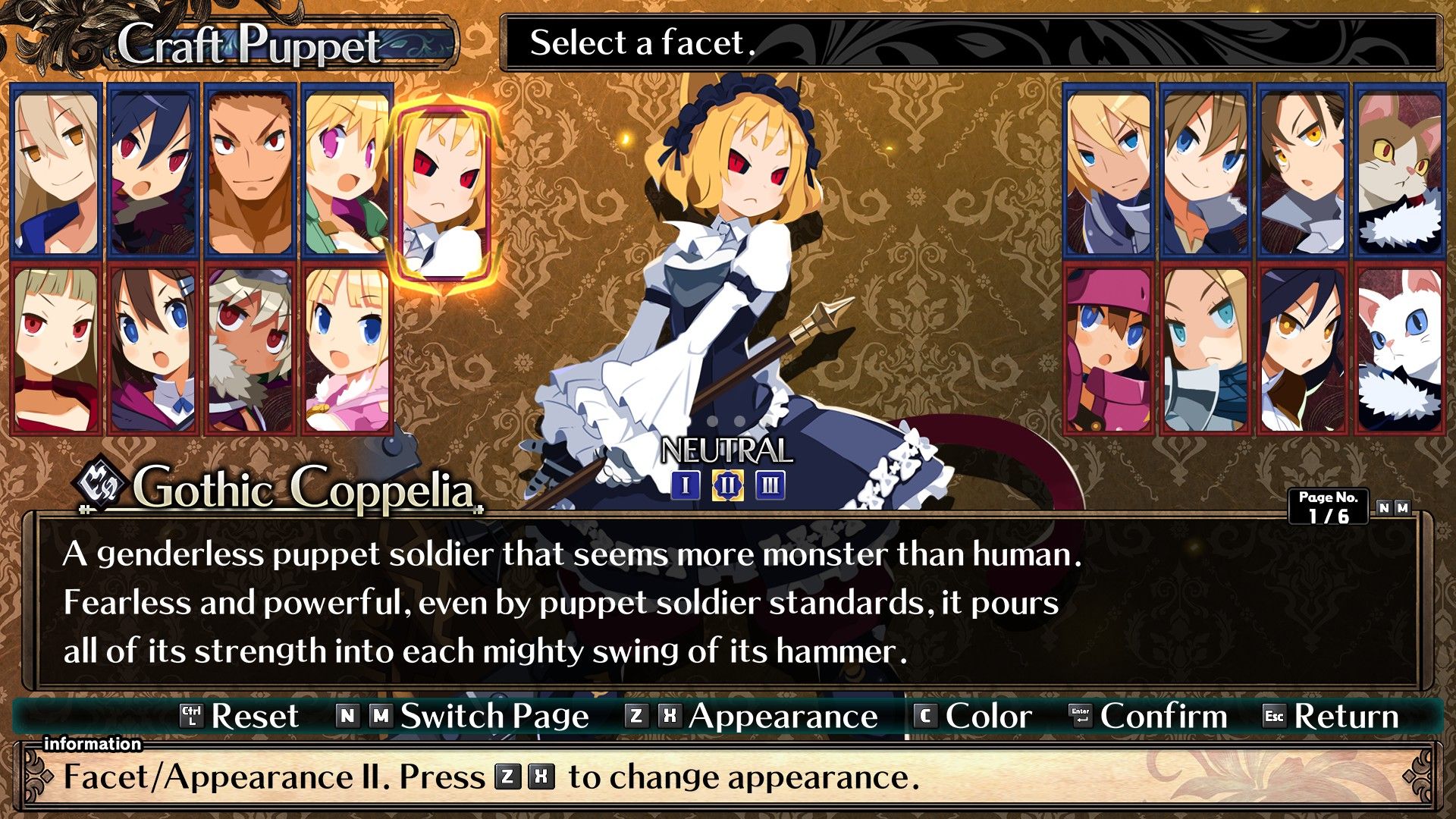 Multiple classes are on the screen with Gothic Coppelia is the currently selected option in Labyrinth Of Galleria: The Moon Society.