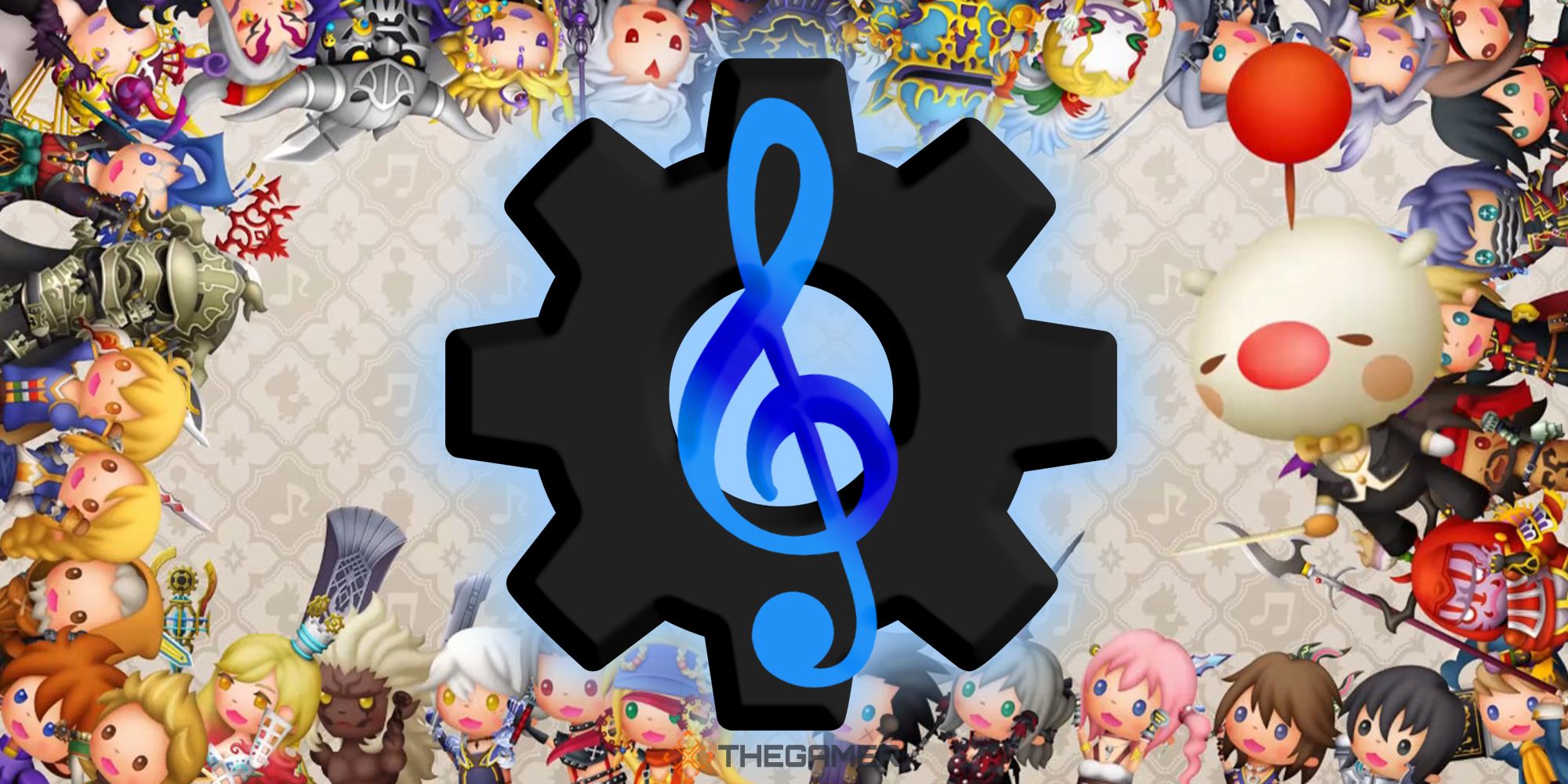 Theatrhythm: Final Bar Line's cast of heroes and villains gather around a treble clef with a cog behind it.
