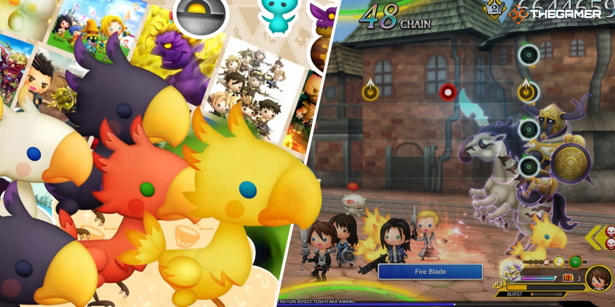 A flock of Chocobos charge toward Squall, Rinoa, Laguna, and Seifer during a Multi Battle in Theatrhythm: Final Bar Line.