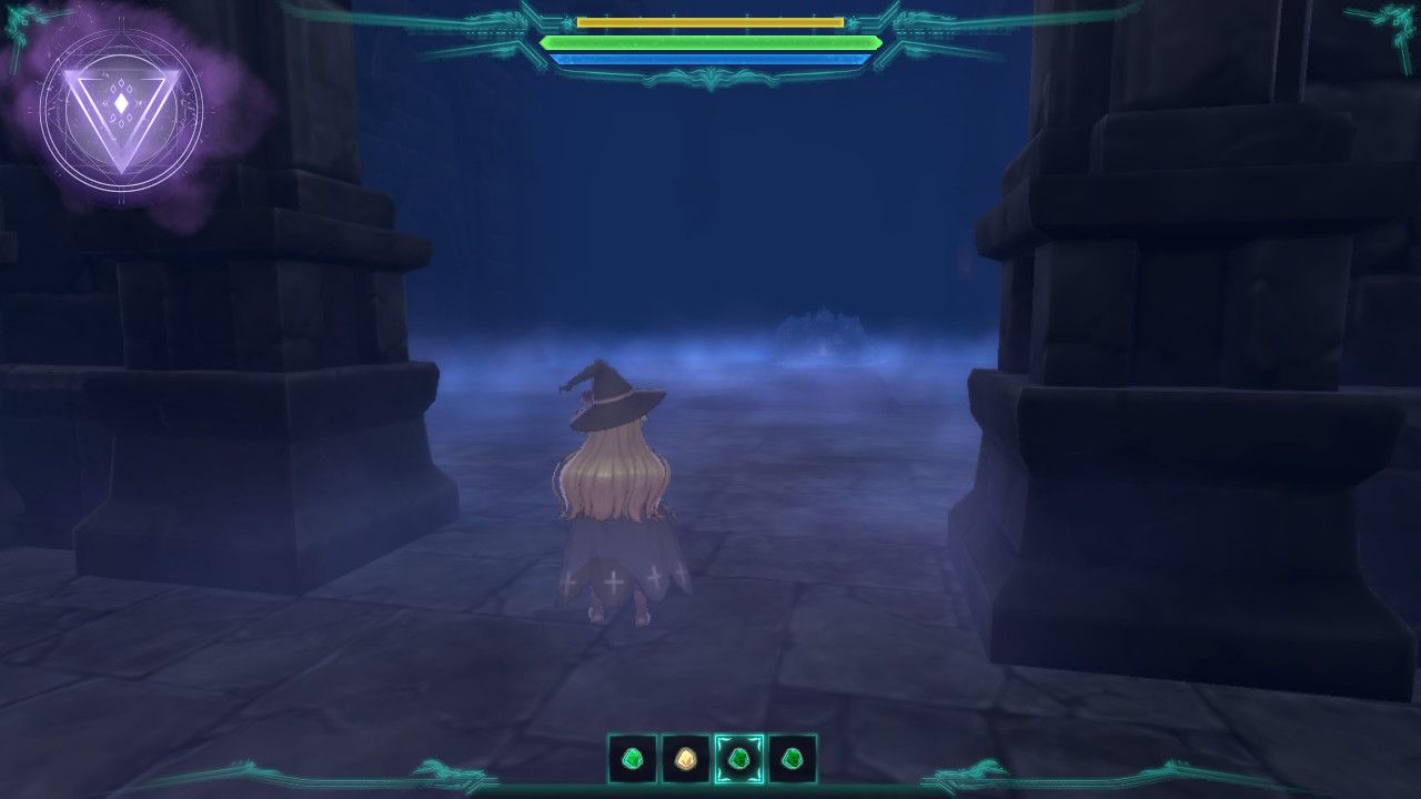 Nobeta enters the corridor and approaches the first boss in Little Witch Nobeta.