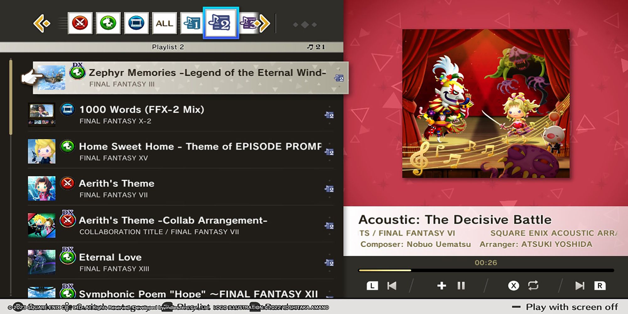 A playlist featuring an acoustic cover of Final Fantasy 6's  "The Decisive Battle" in Theatrhythm: Final Bar Line.