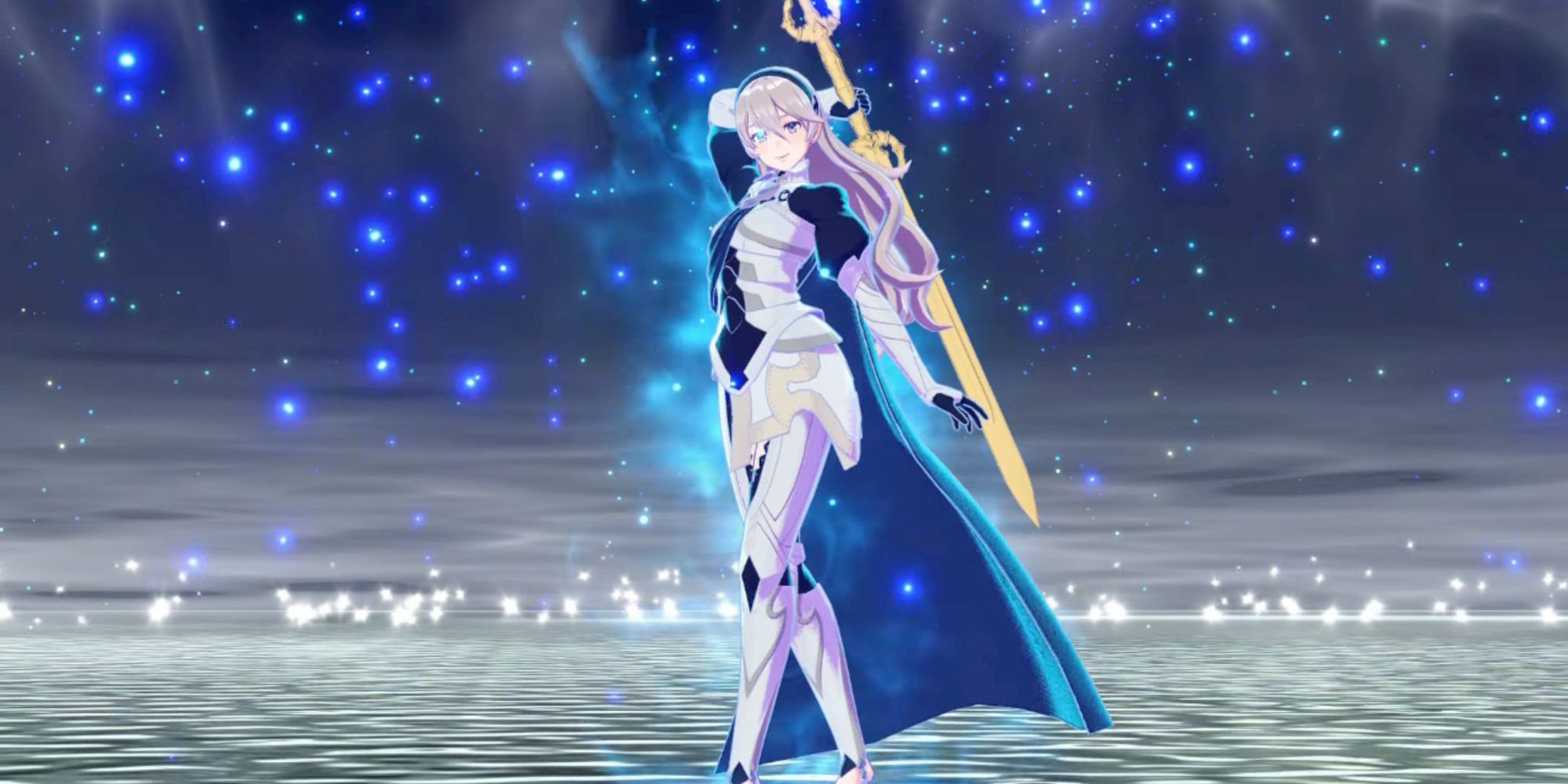 Fire Emblem Engage a platinum-haired woman brandishes her weapon
