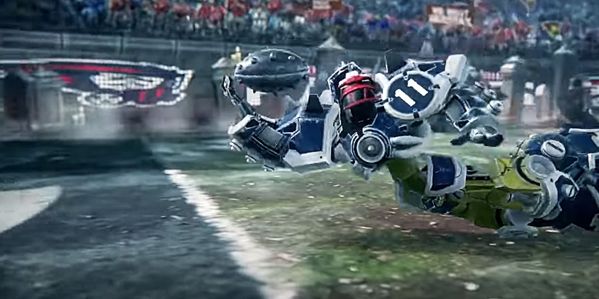 Mutant Football League: A robotic American Football player dives for the goal line, ball in hand.
