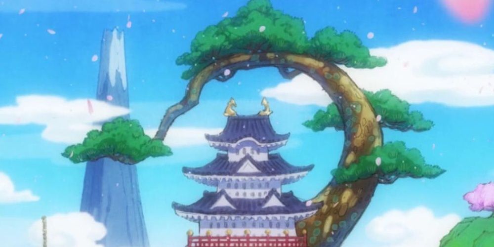 A palace cradled in a tree branch in the One Piece anime