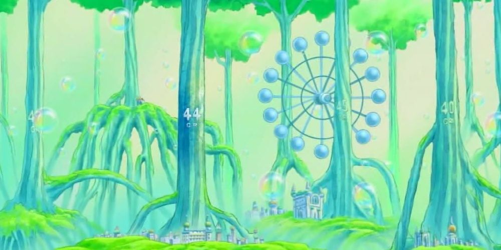 A Ferris wheel held aloft in the trees in the One Piece anime