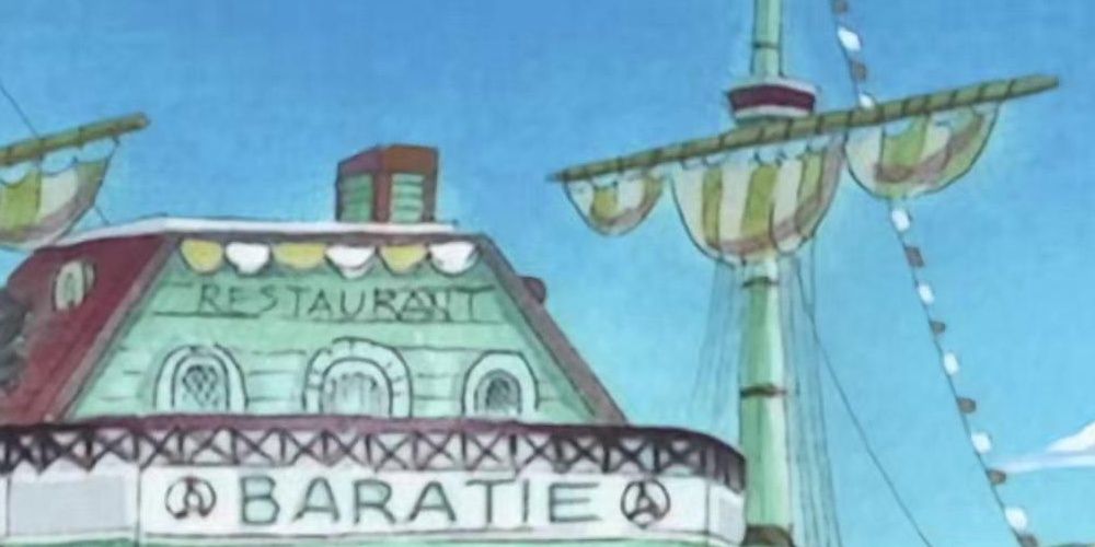 A floating restaurant in the One Piece anime