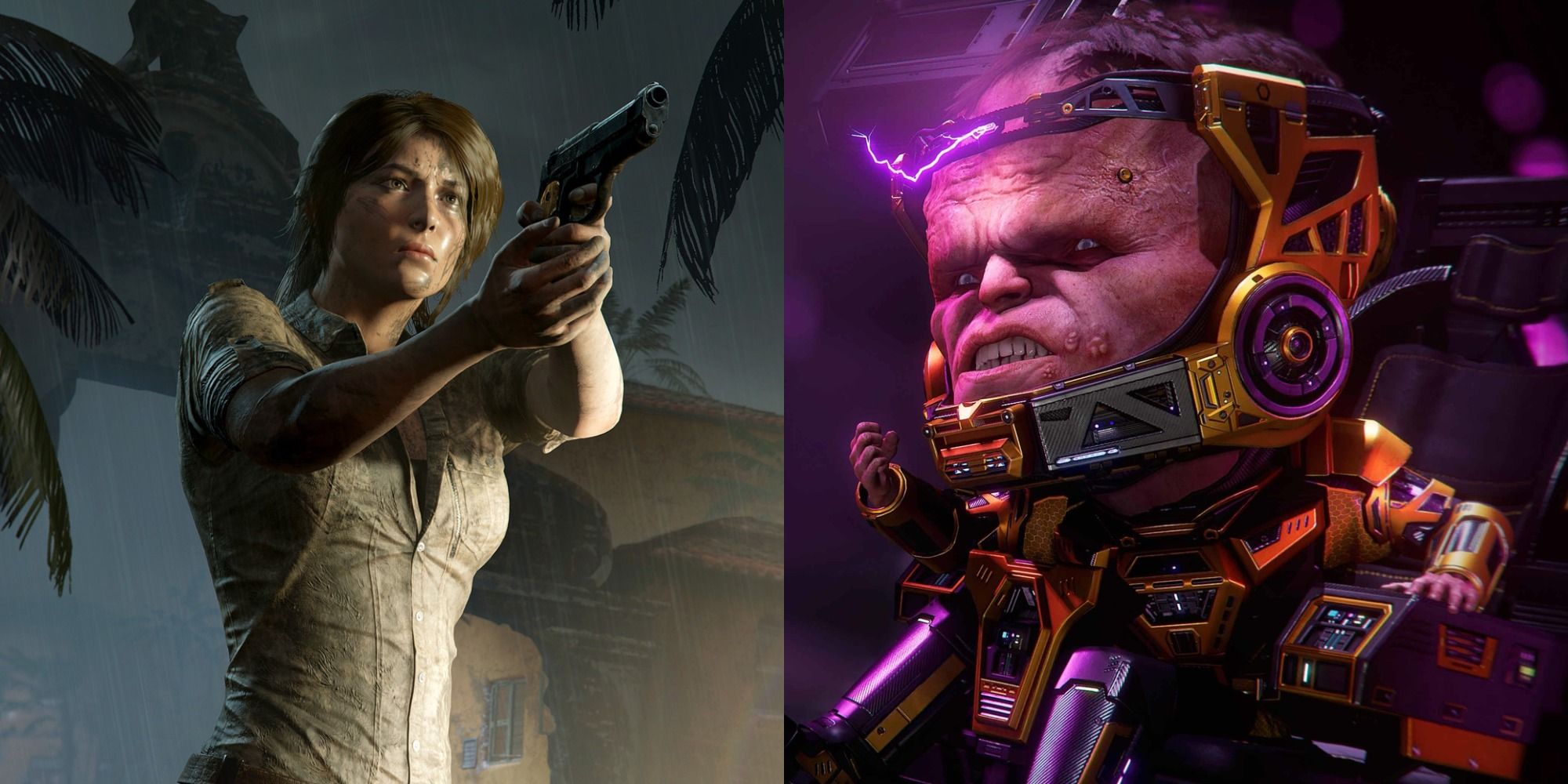 Lara Croft From Shadow Of The Tomb Raider Aiming Her Pistol At Marvel's Avegners' MODOK Mash-Up